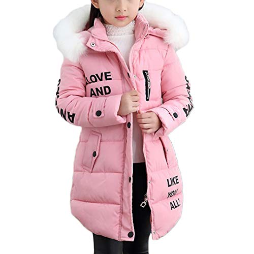 DAIHAN Mädchen Lange Winterjacke Kinder Wintermantel Mit Falsch Fellkapuze Warm Jacke Pink 110CM von DAIHAN