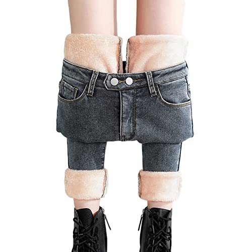 Thermojeans Damen Herbst Winter Jeans Gefüttert Jeggings Stretch Thermo Jeans Hose Skinny Slim Fit Hohe Taille Stretch Leggings Winterhose,Blau grau,M von DAIHAN
