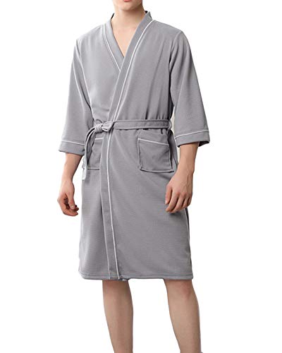 Unisex Morgenmantel Kurz Kimono Herbst-Winter-Nachtwäsche Bademantel Leicht Mantel Morgenmantel V Kragen Saunamantel mit Tasche Und Gürtel für Damen Und Herren,Grau-Männer,L-XL von DAIHAN