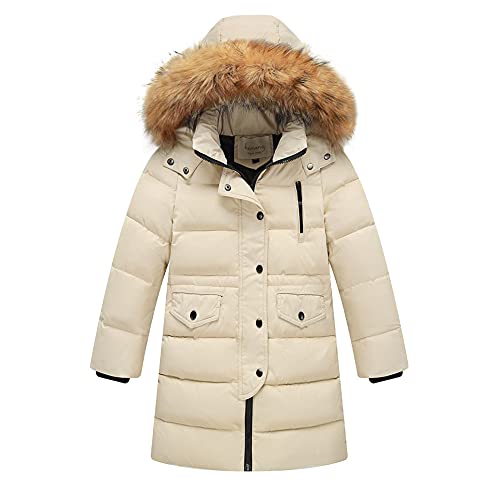 Verdickte Daunenjacke Wintermantel Mädchen Kinder Warm Hooded Parka Outwear Jungen Winterjacke Puffer Daunenmantel Winddicht Kapuzenjacke mit Kunstfell Outerwear,Beige,170 von DAIHAN