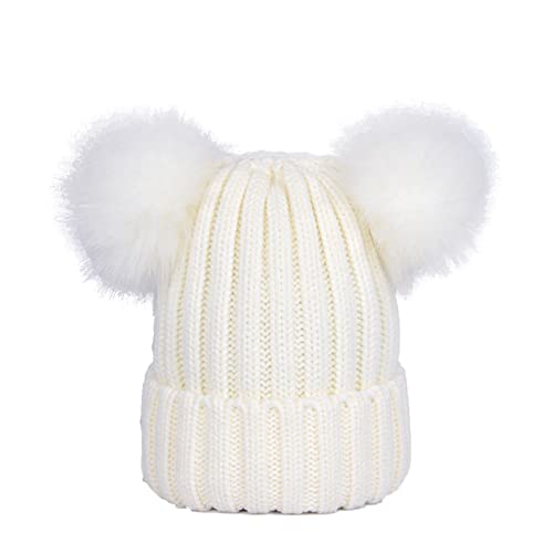 DAIHAN Wintermütze Warme Strickmütze Damen Mütze mit Kunstpelz 2 Bommeln Beanies Bommelmütze Pudelmütze Feinstrick Mütze Gefüttert Fleece Strick Beanie Weiß von DAIHAN