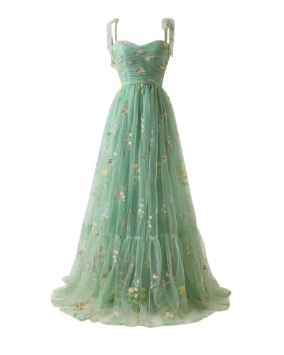 Damen Abschlussball Kleider Brautjungfernkleid Abendkleid für Hochzeitsgäste Spaghettiträger mit Blumenstickerei Maxikleid Ärmelloses A-Linien-Cocktailkleid mit Rüschen aus Tüll GrünLBD Damen Abschlussball Kleider Brautjungfernkleid Abendkleid für Hochzeitsgäste Spaghettiträger mit Blumenstickerei Maxikleid Ärmelloses A-Linien-Cocktailkleid mit Rüschen aus Tüll GrünLBD von DAIHAN