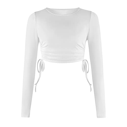 Damen Crop Top Bauchfrei Oberteile mit Kordelzug Rundhalsausschnitt Slim Fit Langarm Shirt Rundhalsausschnitt Tops Kurzarm Crop Top Kurz Shirts,GSTJ022,S von DAIHAN