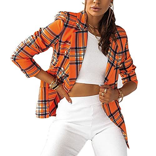 Damen Elegant 3/4 Ärmel Blazer Sakko Slim Fit Revers Geschäft Büro Jacke Kurz Mantel Anzüge Übergangsjacke Mit Knopfleiste Military Coat Blazer Kariert Blazer Jacke,Orange,XL von DAIHAN