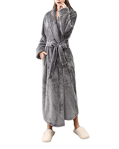 Damen Lang Morgenmantel Herren Bademantel Saunamantel Flauschig Weiche Gemütliche Robe Flanellmantel Nachtwäsche mit Tasche Und Gürtel,Grau-Frauen,L-XL von DAIHAN