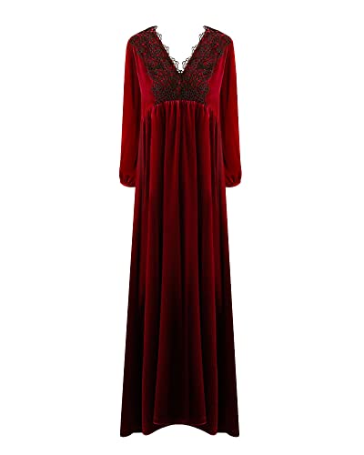 Damen Langarm V-Ausschnitt mit Spitzenbesatz Nachthemd aus Samt Winter Warm Pyjama im Palaststil Viktorianisches Nachthemd Lange Freizeitkleid Nachtkleid Weinrot von DAIHAN