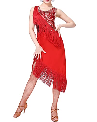 Damen Latein Kleid Salsa Tango Tanz Kleid Fransenkleid Glitzer Tanzkleid Flapper Tanzkostüm für Latin Cha Cha Rumba Samba Tango,Rot,M von DAIHAN