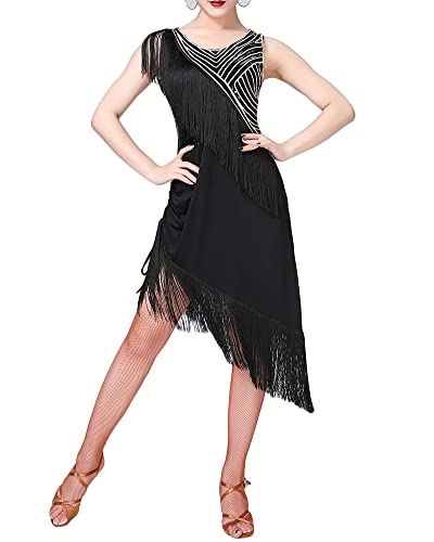 Damen Latein Kleid Salsa Tango Tanz Kleid Fransenkleid Glitzer Tanzkleid Flapper Tanzkostüm für Latin Cha Cha Rumba Samba Tango,Schwarz,M von DAIHAN