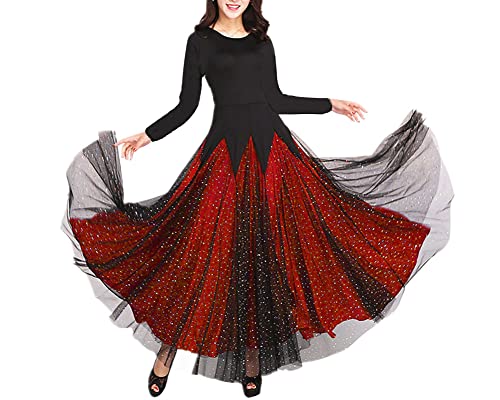 Damen Latein Tanzkostüme Lyrisches Tango-Kleid Lange/Kurze Ärmel Ballett-Tanzkleid Rockabilly Ballsaal Praxis Walzer Mesh-Paillettennähte Big-Swing-Kleid RotL XXL von DAIHAN