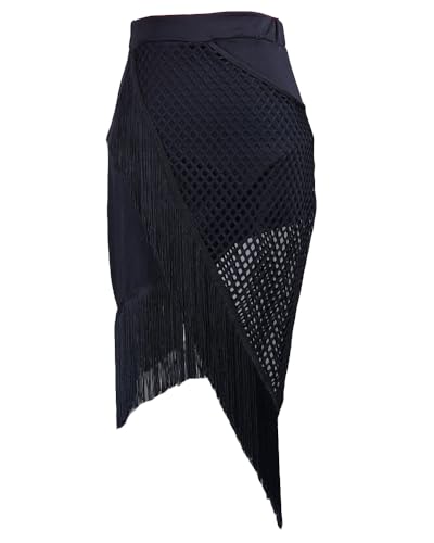 Damen Midirock Latein Tänze Tango Chacha Salsa Samba Rumba Fransen-Übungsrock Mesh-Spleißen Tanzrock Schräge Fransen Hüfttuch-Wickelrock mit Shorts S von DAIHAN