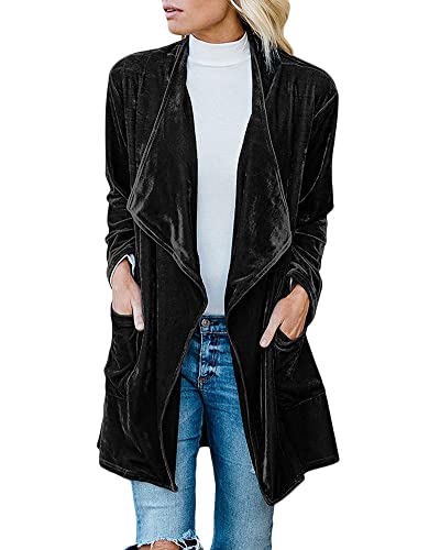 Frauen Tops Blusen Langarm Samt Shirts Vorne Offen Cardigan Langarmshirt Wasserfall Elegante Windbreaker Elegant Einfarbig Jacke Mäntel Bequem Warme Anzugjacke,Schwarz,L von DAIHAN