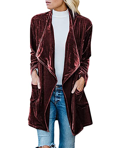 Frauen Tops Blusen Langarm Samt Shirts Vorne Offen Cardigan Langarmshirt Wasserfall Elegante Windbreaker Elegant Einfarbig Jacke Mäntel Bequem Warme Anzugjacke,Weinrot,M von DAIHAN