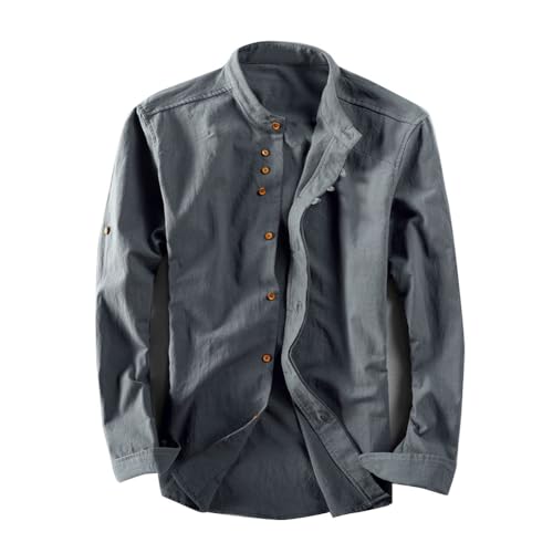 Freizeithemd Bequemes Oberteil Leinenhemd Herren Retro-Chinesischer Stil Stehkragen Langarmshirt mit Grandad-Ärmeln Cooles Regular Fit Henley-Sommerhemd DaGrau M von DAIHAN