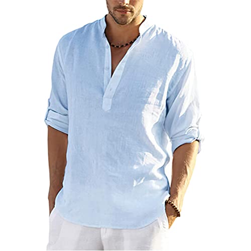 Hemd Herren Langarm Henley Sommerhemd Freizeithemd Leinenhemd Stehkragen Sommer Strand Hemd Shirt mit V-Ausschnitt,Blau2,3XL von DAIHAN