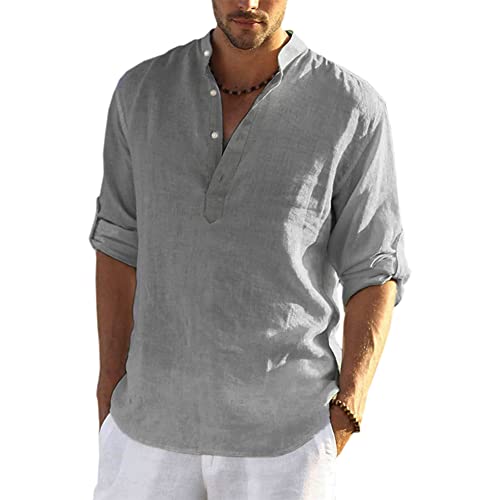 Hemd Herren Langarm Henley Sommerhemd Freizeithemd Leinenhemd Stehkragen Sommer Strand Hemd Shirt mit V-Ausschnitt,Grau,XL von DAIHAN