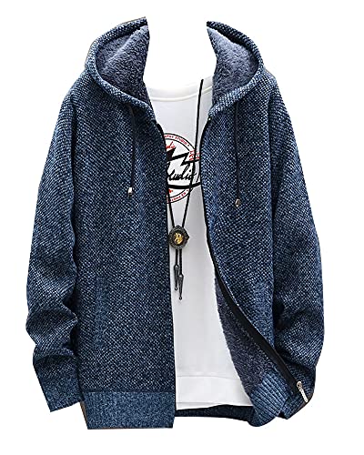 Herren Einfarbig Strickjacke Sweatjacke mit Kapuze Pullover mit Zopfmuster Dicker Winter Strickmantel Fleece-gefütterte Jacke Cardigan Kapuzenpullover Kapuzenjacke 6602Blau 4XL von DAIHAN