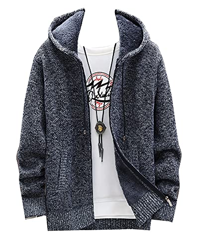 Herren Einfarbig Strickjacke Sweatjacke mit Kapuze Pullover mit Zopfmuster Dicker Winter Strickmantel Fleece-gefütterte Jacke Cardigan Kapuzenpullover Kapuzenjacke 6602DaGrau 3XL von DAIHAN