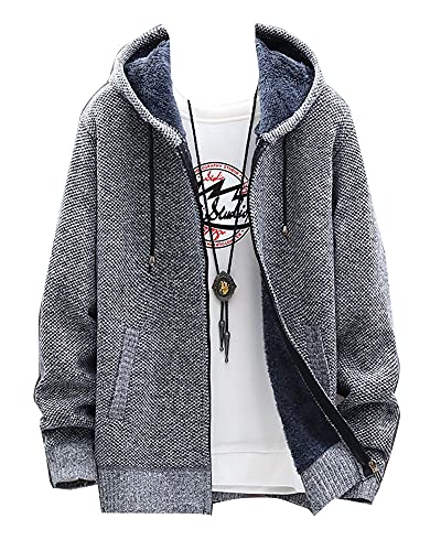 Herren Einfarbig Strickjacke Sweatjacke mit Kapuze Pullover mit Zopfmuster Dicker Winter Strickmantel Fleece-gefütterte Jacke Cardigan Kapuzenpullover Kapuzenjacke 6602LiGrau 3XL von DAIHAN