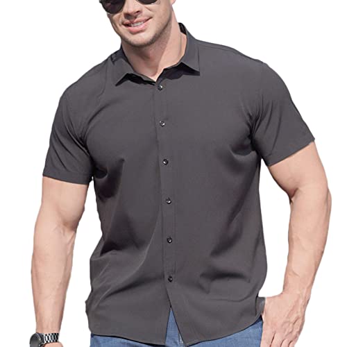 Herren Hemd Kurzarm Freizeithemd Businesshemd Übergrößen Businesshemden, Button-Down Kragen, Comfort Fit, Shirt Bluse Tops,Schwarz,4XL von DAIHAN