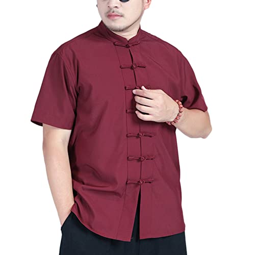 Herren Kurzarm Hemd Freizeithemd – Traditionelle Chinesische Tang Stil Shirt Kleidung Sommer Shirt Kampfkunst Kung Fu Tai Chi Freizeithemd,Weinrot,4XL von DAIHAN