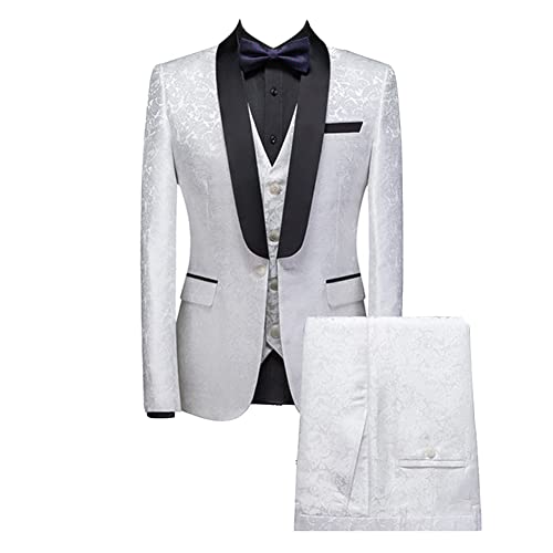 Herren Modern Fit Komplettanzug 3-teiliger Business-Anzug Solide Jacquard-Sakko Jacke, Blazer, Weste, Hose für Business Prom Bräutigam Smoking Anzüge Weiss 3XL von DAIHAN