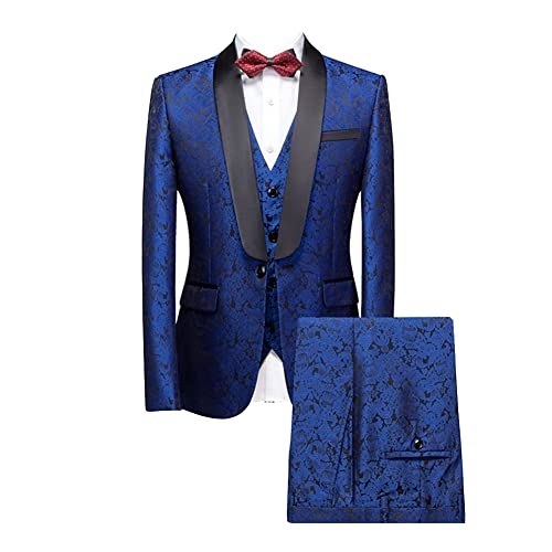 Herren Modern Fit Komplettanzug 3-teiliger Business-Anzug Solide Jacquard-Sakko Jacke, Blazer, Weste, Hose für Business Prom Bräutigam Smoking Anzüge blau 4XL von DAIHAN