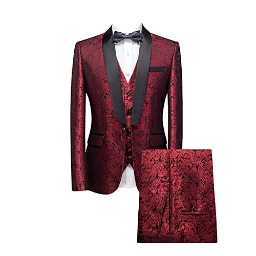 Herren Modern Fit Komplettanzug 3-teiliger Business-Anzug Solide Jacquard-Sakko Jacke, Blazer, Weste, Hose für Business Prom Bräutigam Smoking Anzüge rot 4XL von DAIHAN