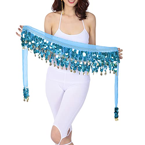 Hüfttuch Damen Bauchtanz Kostüm Pailletten Quaste Tanzt Wickelrock Hüfttuch mit Münzen Gürtel Röcke Belly Dance Taillenkette Kostüm,Blau2,Einheitsgröße von DAIHAN