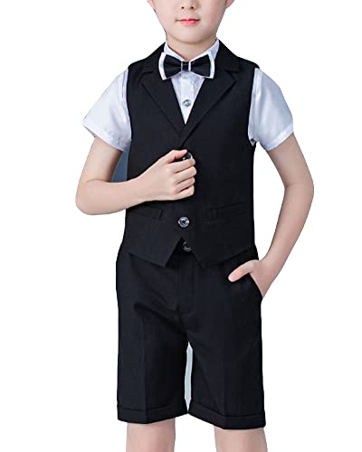 Jungen Gentleman Sommer Freizeitanzug Performance-Formeller Taufkleidung Anzug Dinner-Abschlussball-Party Hochzeit Kurzarmhemden & Shorts & Weste mit Fliege Kinder-Smoking-Tauf-Outfits Sch(4pcs) 120 von DAIHAN