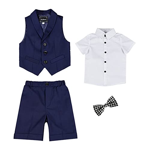 Kleine Jungen Sommeranzüge Smoking Weste Kurze Hose Anzüge mit Fliege Festliche Kleidung Pagenjungen-Outfit Einfarbig Smoking-Outfit Formaler Anzug für Kleinkinder oben und unten Marine(4pcs) 150 von DAIHAN