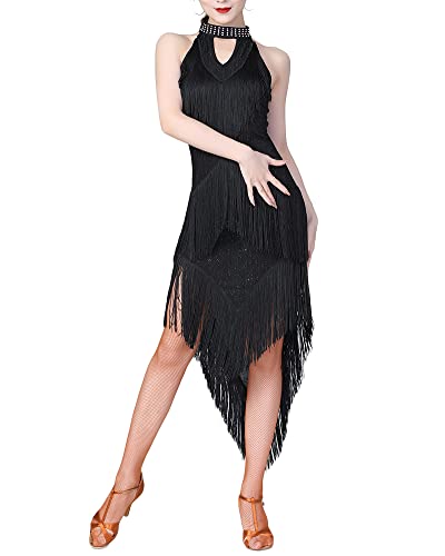 Latein Tanz Kleider Kostüme - Latin Tänze Walzer Tango Swingtanz Party Salsa Quasten Tanzkleid für Damen,Schwarz,L von DAIHAN