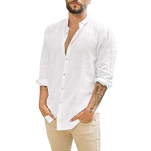 Leinenhemd Herren Langarm Sommerhemd Regular Fit Freizeithemd Shirts Kragenlos Stehkragen Casual Leicht Shirts Lässige Strand Hemd T-Shirts Tops,Weiß,XXL von DAIHAN