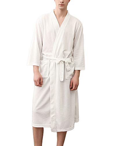 Unisex Herren Damen Bademantel 3/4 Ärmel V-Ausschnitt Morgenmantel Kurz Kimono Nachtwäsche Saunamantel Schlafanzug mit 2 Taschen Und Gürtel,Weiß-Männer,L-XL von DAIHAN