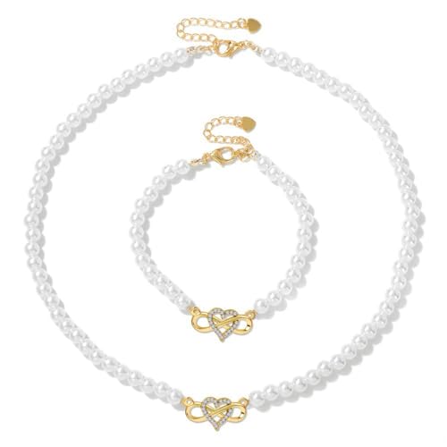 DAIJES 6mm Imitationsperle Mikro-Intarsien Farberhaltendes Symbol Halskette Armband weibliche Freundin Geschenk Kleid Braut Halskette - Halskette + Armband Set von DAIJES