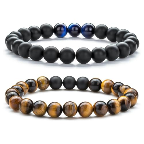 DAIJES 8mm Steinperlen elastisches Armband Tigerauge Vulkanstein Yoga Perlen Set Herren Handschmuck-KZ0087-19cm-19cm von DAIJES