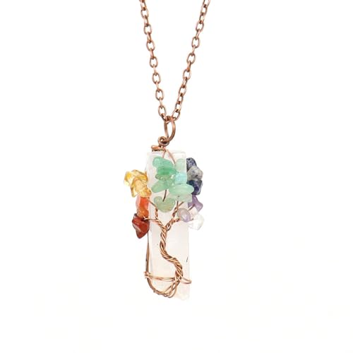 DAIJES Halskette mit Anhänger aus Naturstein mit unregelmäßigem Kristallstreifen und Amethyst-Lebensbaum-Kies N672, altes rotes Kupfer + weißer Kristall von DAIJES