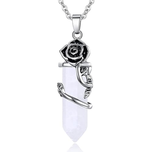 DAIJES Halskette mit Anhänger aus sechseckiger Säule mit Rosen-Umrandung aus Kristall, weißer Kristall + Kette von DAIJES