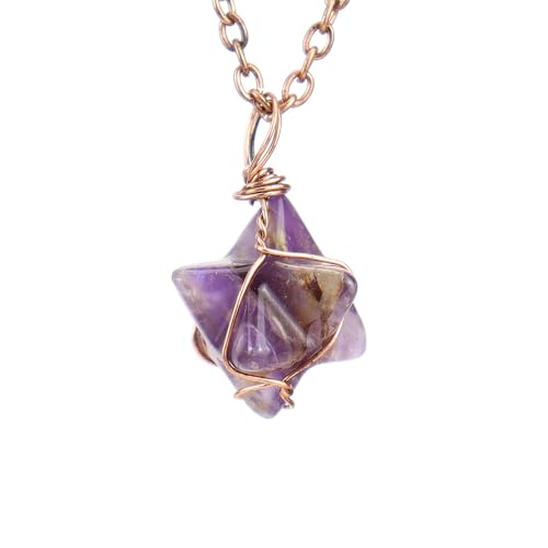 DAIJES Handgewebter Hexagramm-Halskettenanhänger aus Naturstein, Kristallachat, antikes rotes Kupfer + Amethyst von DAIJES