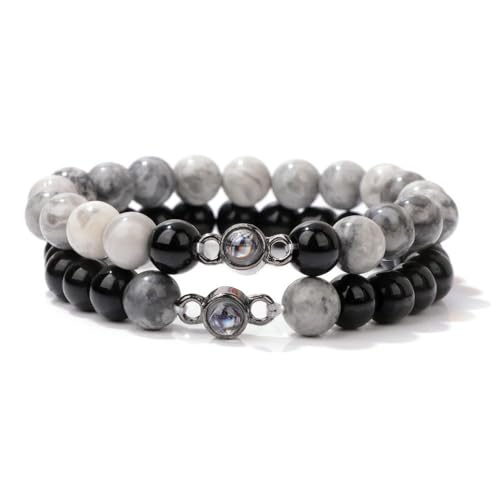 DAIJES Projektor-Set Armband Herren Natursteinperlen elastisches Seil Armband Paarmodell - Karte + leuchtend schwarze Perlen von DAIJES