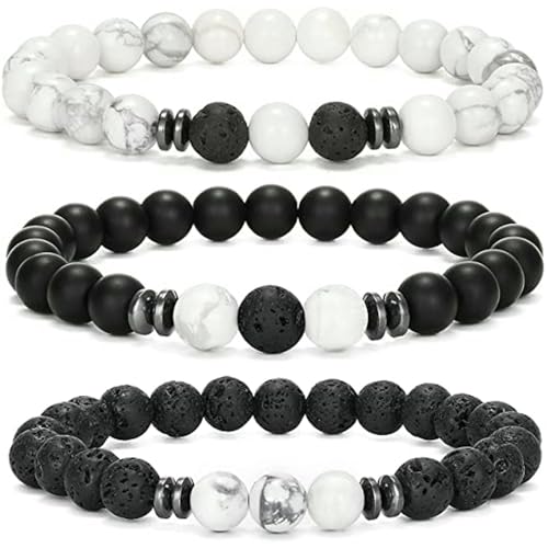 DAIJES Steinperlen Lava Vulkanstein Energiearmband Herren schlichter Schmuck Tigerauge Stein dreiteiliges Set - Weißkiefer Vulkan mattschwarz dreiteiliges Set von DAIJES