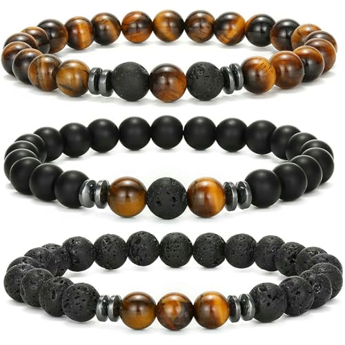 DAIJES Steinperlen Lava Vulkanstein Energiearmband Herren schlichter Schmuck Tigerauge Stein dreiteiliges Set - gelber Tiger Vulkanstein mattschwarz dreiteiliges Set von DAIJES