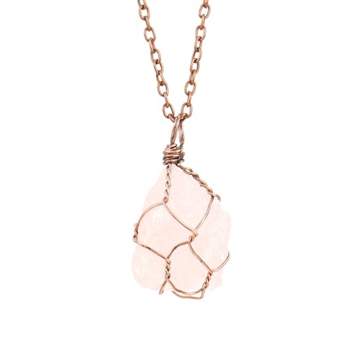 DAIJES Unregelmäßiger Anhänger aus natürlichem Amethyst-Rohstein, handgewickelte Taschenkette aus Drahtgeflecht N652, antikes rotes Kupfer + Pulverkristall von DAIJES