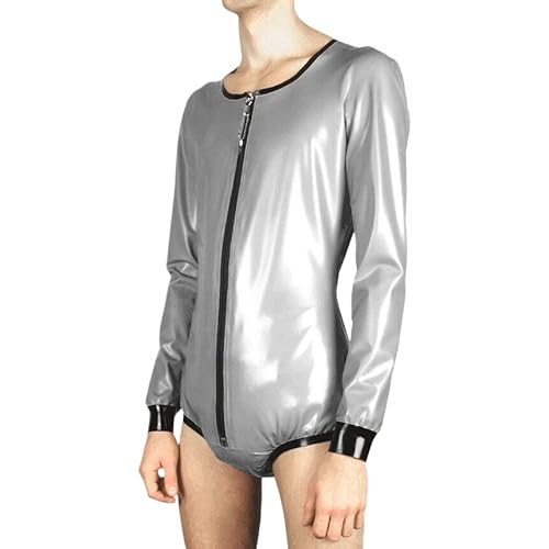 Silberner und schwarzer Latex-Bodysuit mit abschließbarem Reißverschluss vorne und Lockerem Windel-Gummi-Pyjama-Catsuit - komplett in Schwarz - Damen XXL von DAIJES