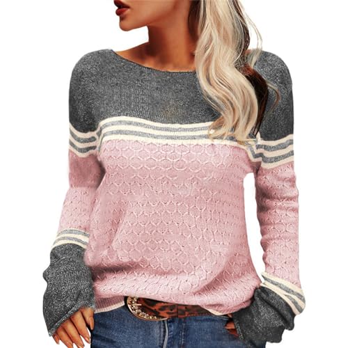 DAIJIA Pullover Damen Rollkragenshirt Cable Knit Sweater Damen-Herbst-Winter-Langarm-Strickpullover mit gestreiftem Patchwork-Rundhalsausschnitt, elegantem Blumen-Häkeltop für Bürokleidung (Pink, L) von DAIJIA