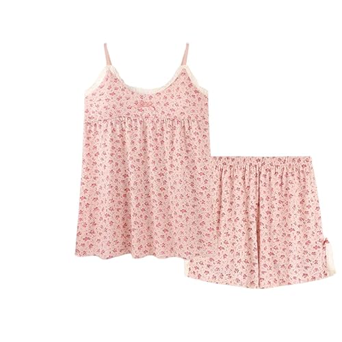 DAIKK Damen Pyjama Sets, 2 Teilige Nachtwäsche Mit Brustpolster, Sexy Spitzen Camilie Und Shorts Set, Bequem, Weiche Blumen Nachtwäsche, Sommer, Ärmellose Tank Tops, Lässige Loungewear, Rosa S von DAIKK