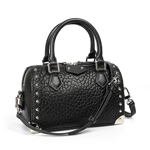 DAILANDO Kleine Handtasche mit Tragegriff oben für Damen, Bubble-Leder, Boston Barrel, Handtasche mit langem abnehmbarem Riemen, 1-schwarz, Small von DAILANDO