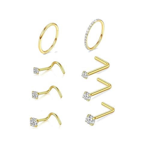 8 Stück Nasenpiercing Titan Set, Hypoallergen Nasenring Gold Dünn Klein für Frauen Männer Screws L-förmiger Nasenstecker Mit 2/2.5/3mm Zirkonia Nasenstecker Silber Nostril Piercing Schmuck (gold) von DAILI