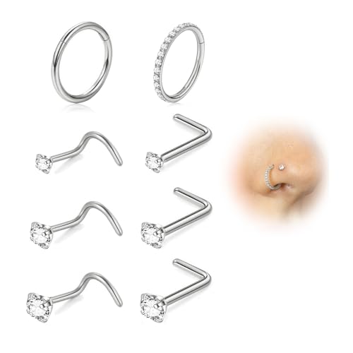 8 Stück Nasenpiercing Titan Set, Hypoallergen Nasenring Gold Dünn Klein für Frauen Männer Screws L-förmiger Nasenstecker Mit 2/2.5/3mm Zirkonia Nasenstecker Silber Nostril Piercing Schmuck (Silber) von DAILI