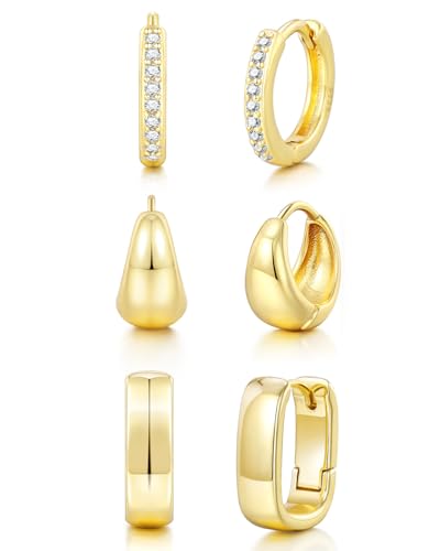 DAILI 3 Paar Silber Ohrringe Damen 925, Kleine Creolen Gold für Damen Stapelbar Zirkonia Helix Piercings Ohr Hypoallergen Creolen Leichte Oval Ohrringe Set für Mehrere Piercings 10mm (Chunky-hoop-G) von DAILI