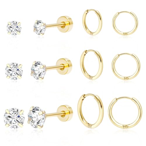 DAILI 6 Pairs Women Earring Sets for Multiple Piercing,14K Gold Plated Dainty Small Hoop Huggie, Cartilage,Silver CZ Flat Back Earrings for Helix (6Pairs stud hoop-Gold) von DAILI